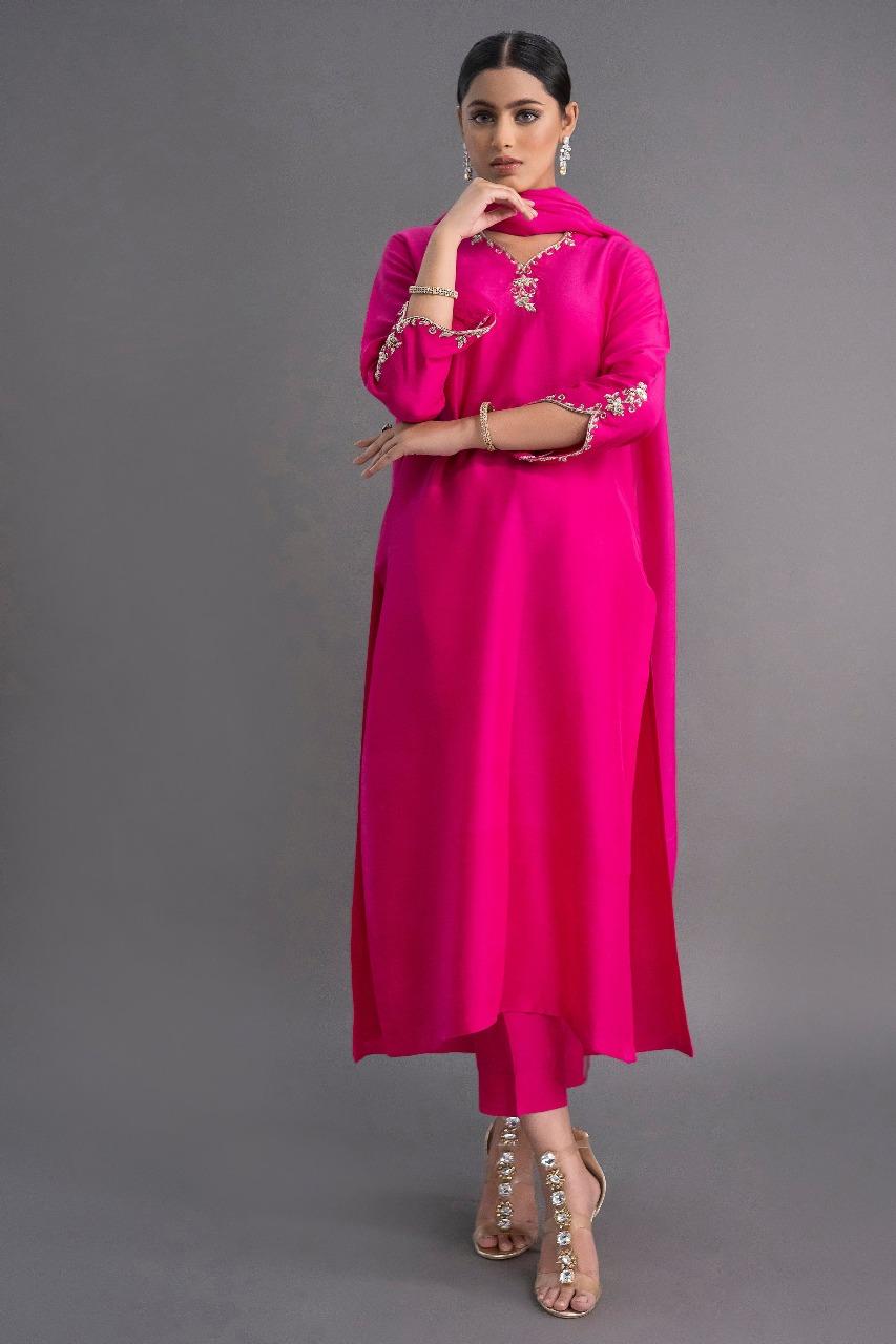 Vibrant Rani Pink Silk Blend Kurta Set With Heavy Gold Zari & Stone Work