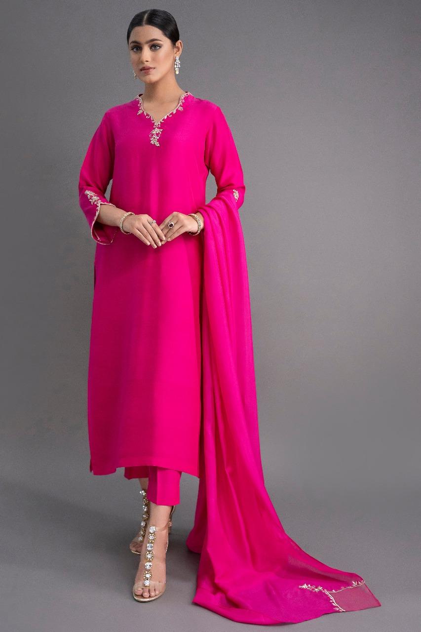 Vibrant Rani Pink Silk Blend Kurta Set With Heavy Gold Zari & Stone Work - Image 2