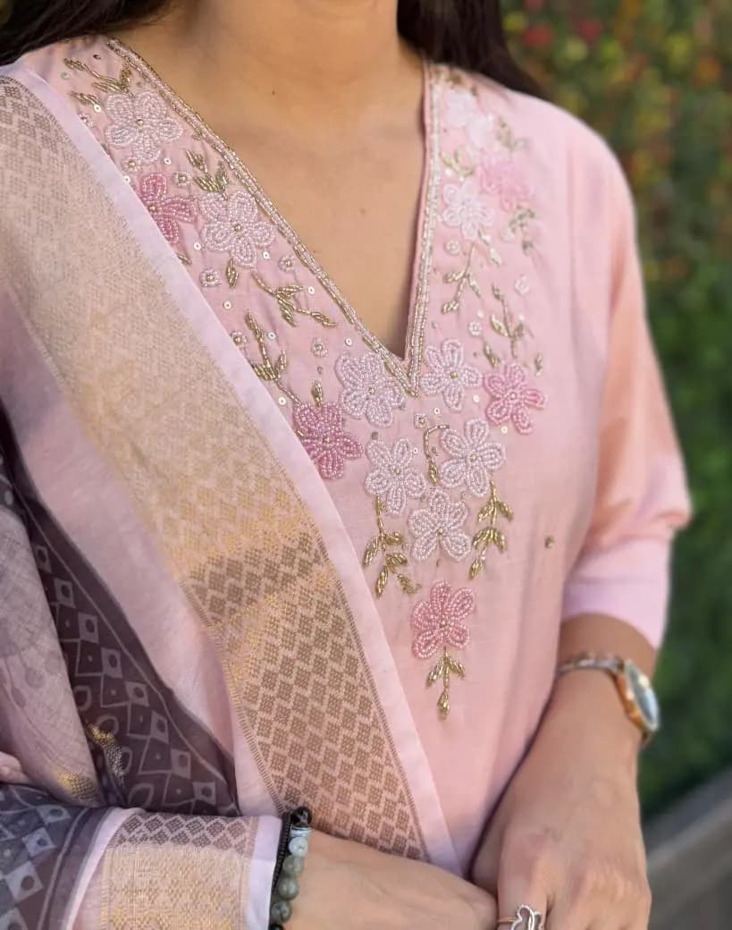 Delicate Pink Kurta Set With Floral Hand Embroidery & Printed Dupatta - Image 2
