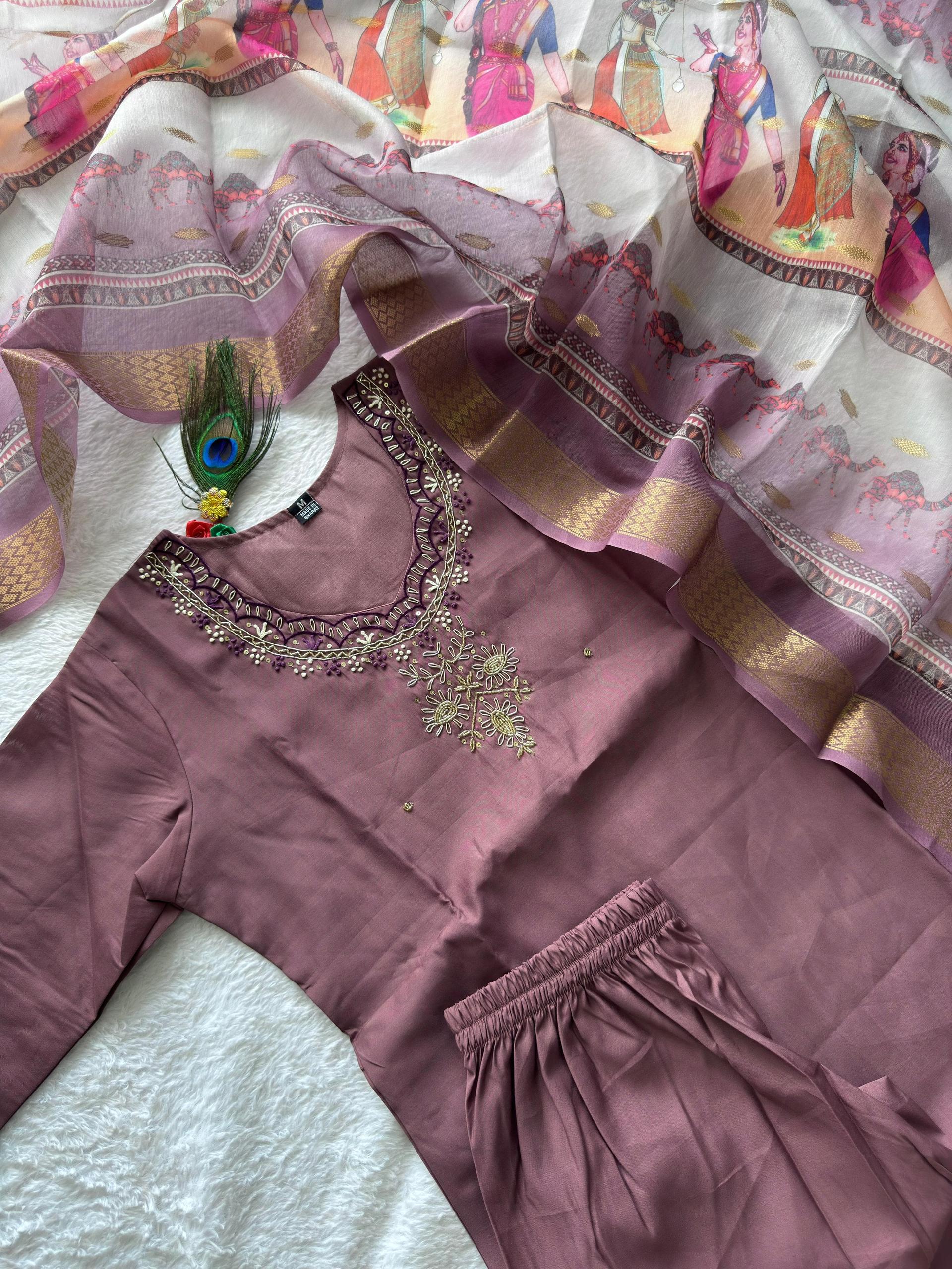 Dusty Rose Kurta Set,hand-Embroidered Neckline & Artistic Motif Dupatta - Image 2