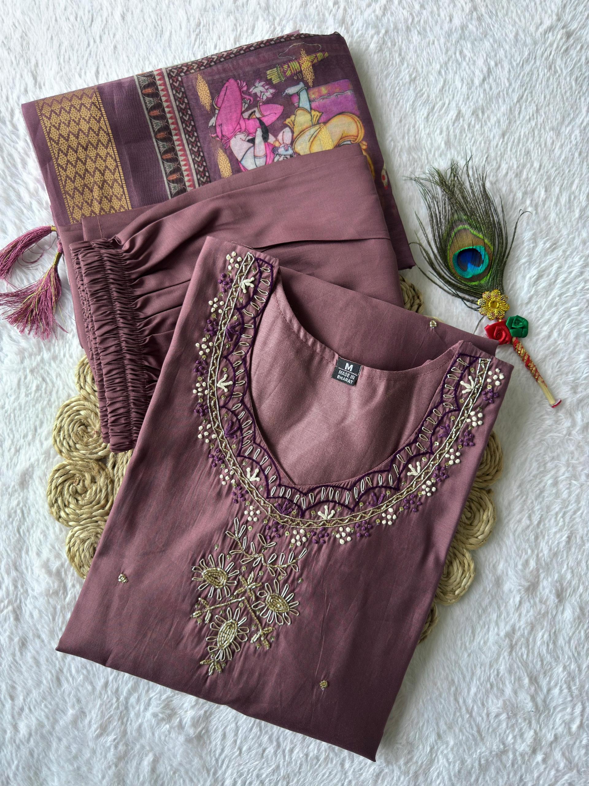 Dusty Rose Kurta Set,hand-Embroidered Neckline & Artistic Motif Dupatta - Image 4