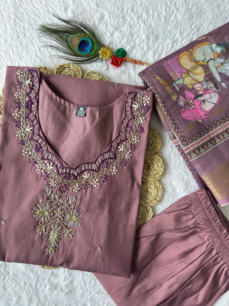 Dusty Rose Kurta Set,hand-Embroidered Neckline & Artistic Motif Dupatta - Image 5