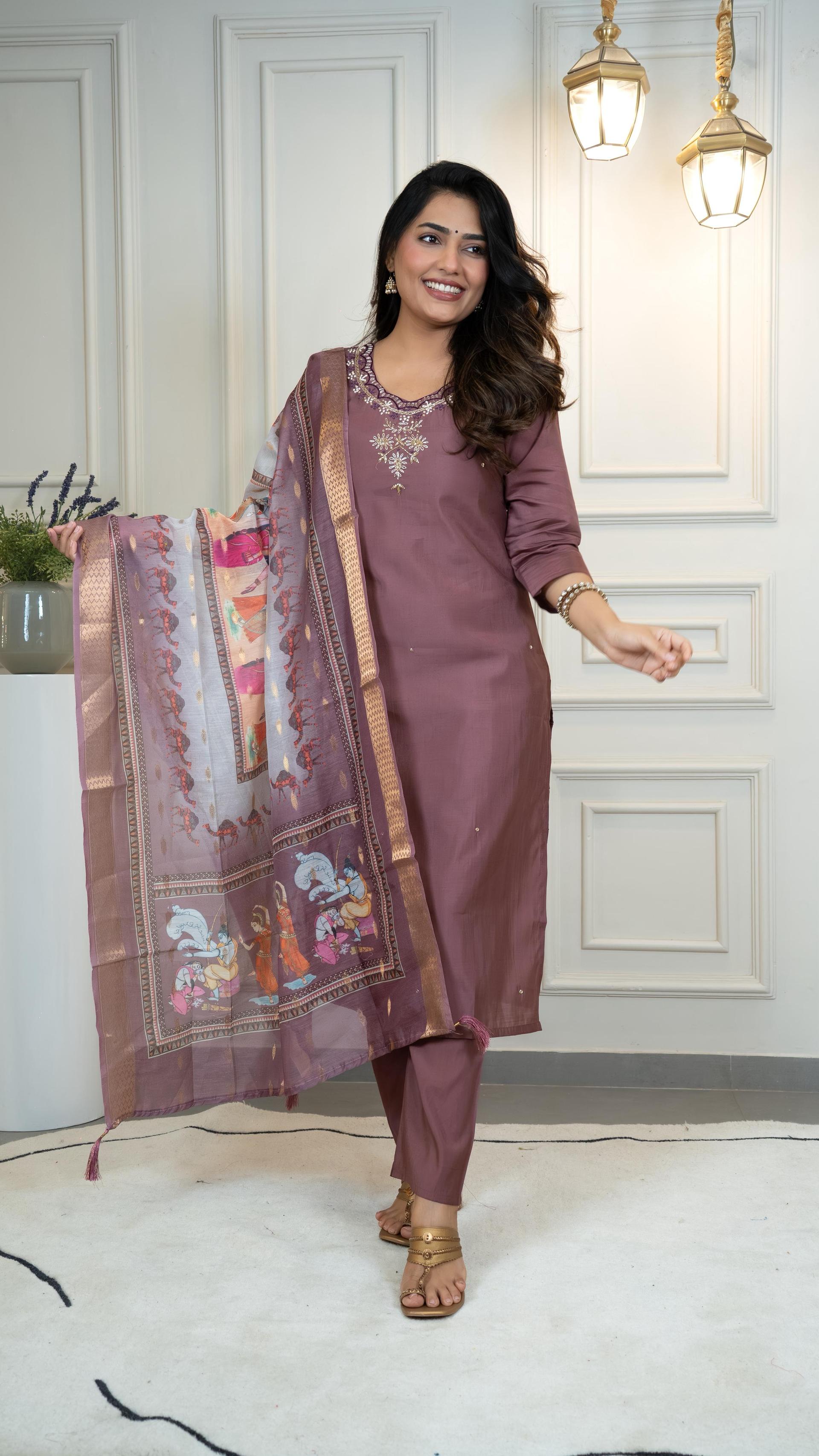 Dusty Rose Kurta Set,hand-Embroidered Neckline & Artistic Motif Dupatta