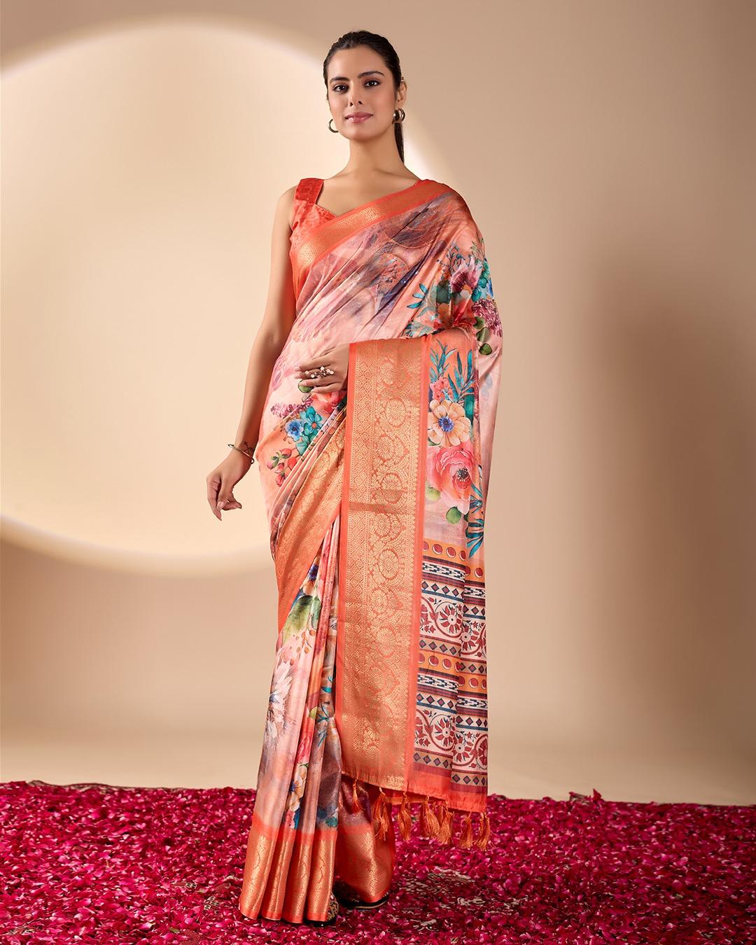 Floral Printed Silk Blend Saree With Rich Zari Border