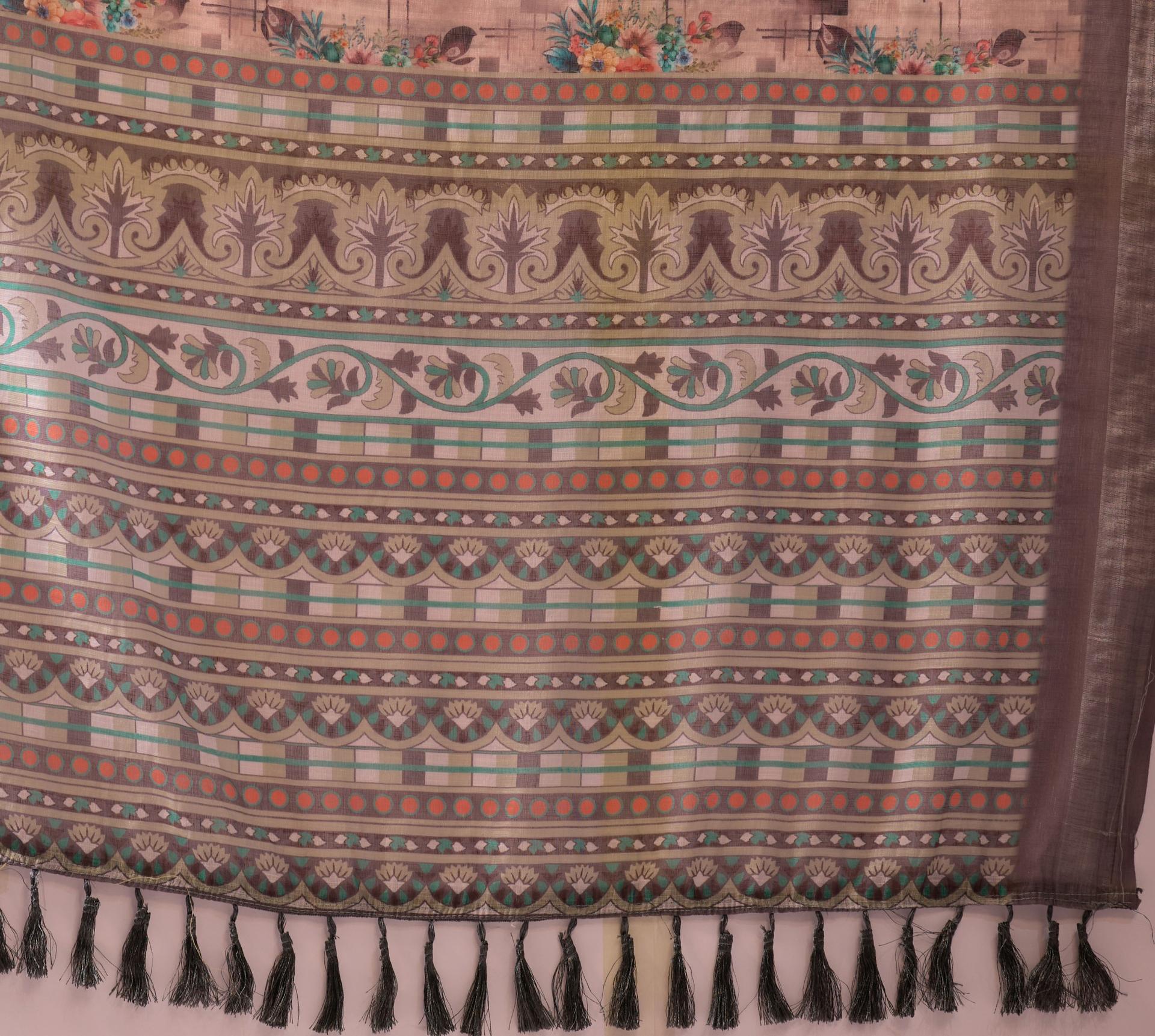 Lightweight Linen Silk Saree Modern Printed Design & Metallic Border - Image 3