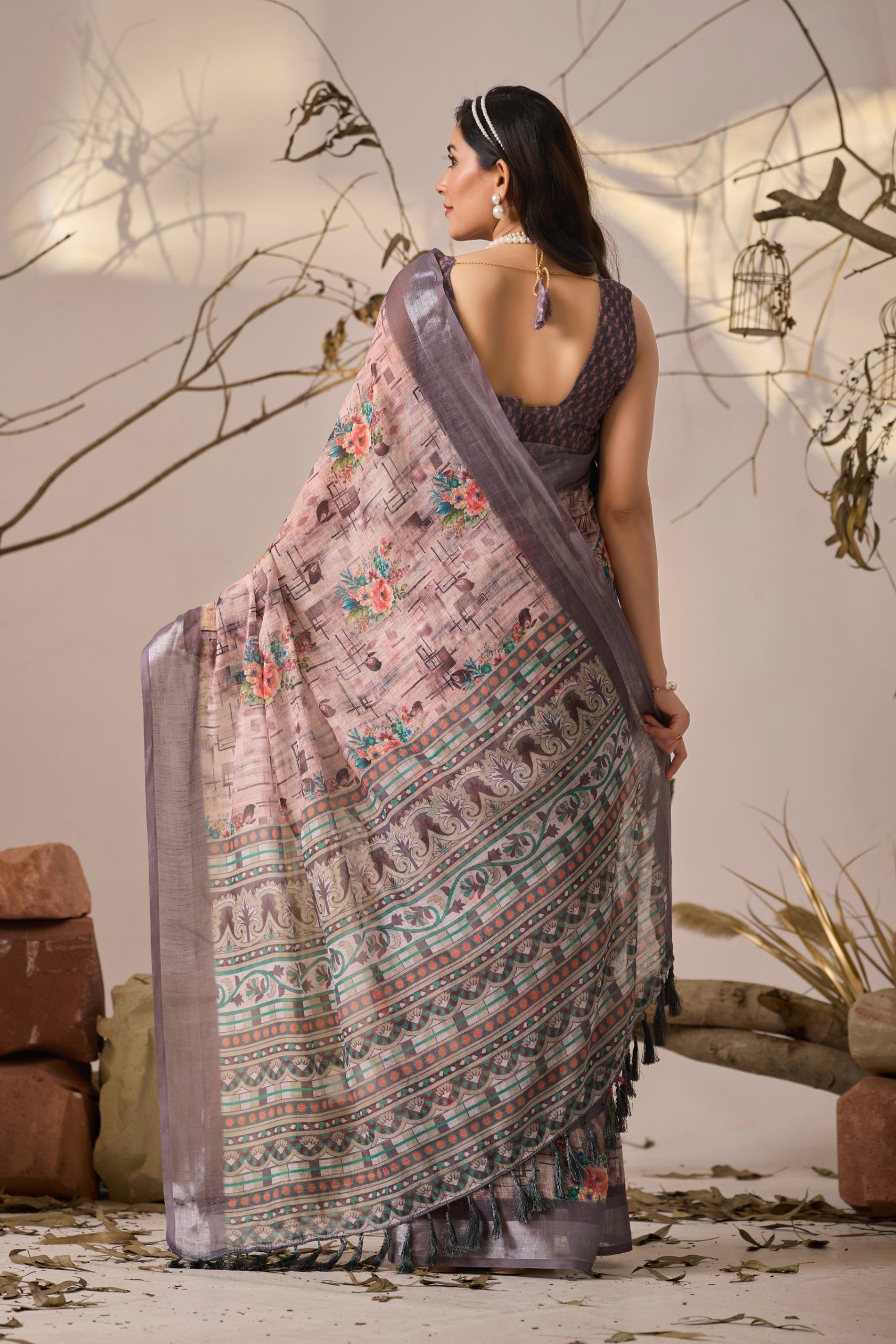 Lightweight Linen Silk Saree Modern Printed Design & Metallic Border - Image 4