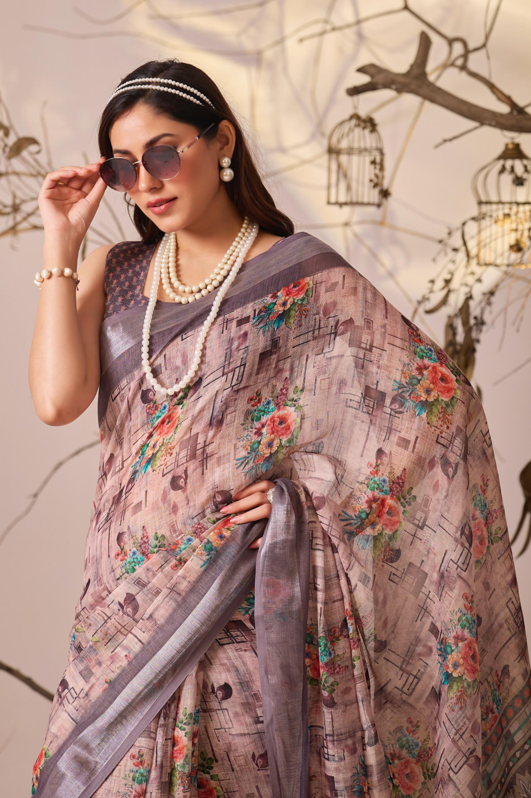 Lightweight Linen Silk Saree Modern Printed Design & Metallic Border - Image 5