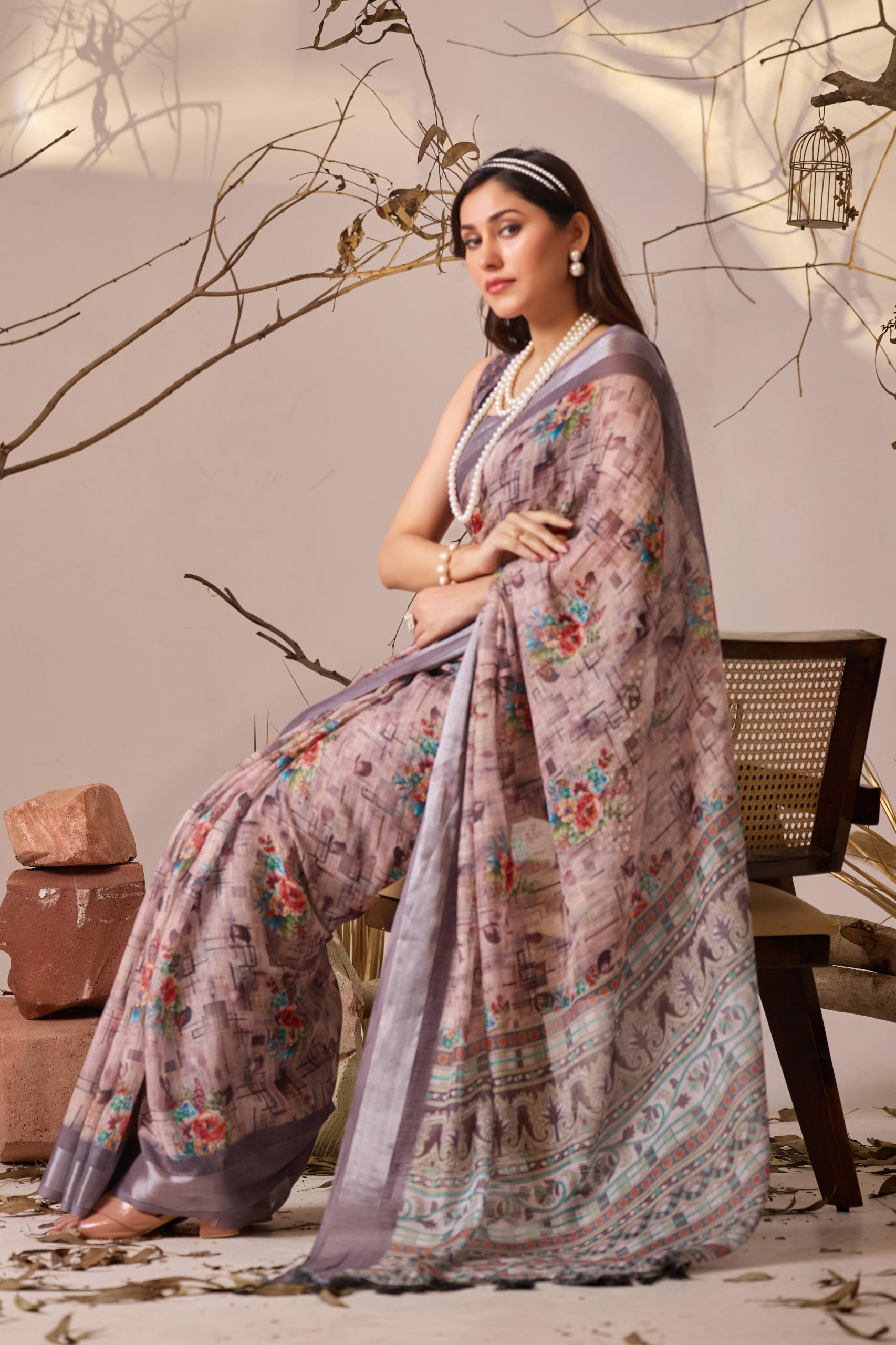 Lightweight Linen Silk Saree Modern Printed Design & Metallic Border - Image 6