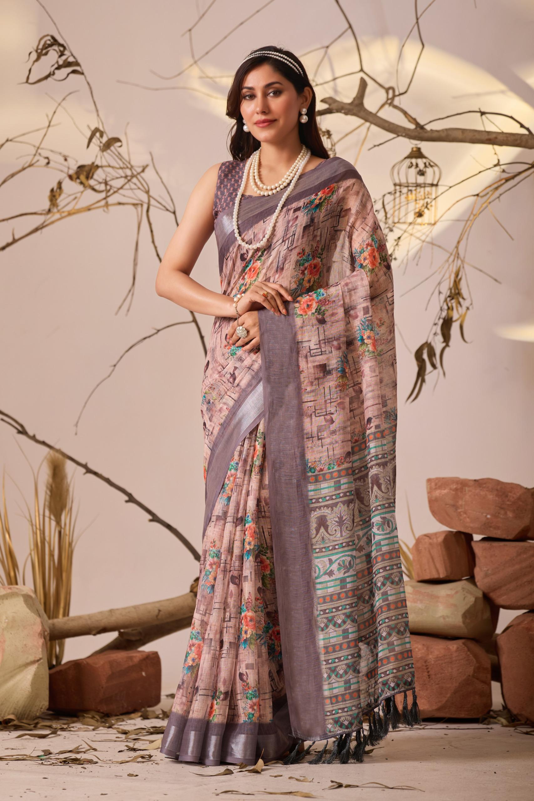 Lightweight Linen Silk Saree Modern Printed Design & Metallic Border