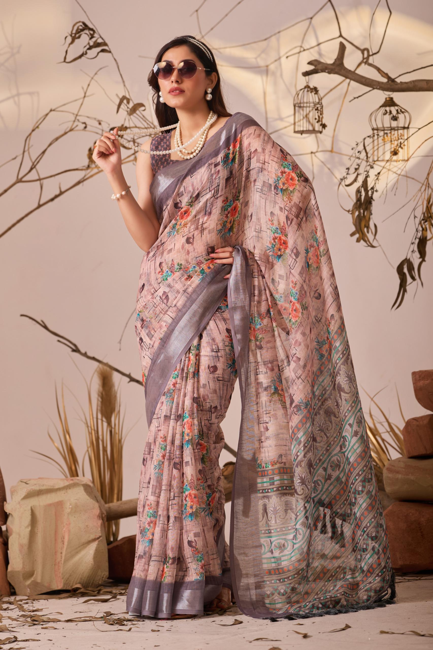 Lightweight Linen Silk Saree Modern Printed Design & Metallic Border - Image 7