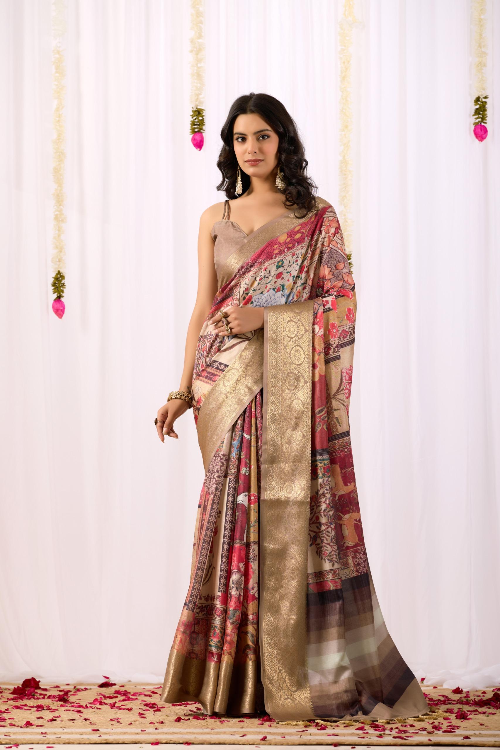 Floral Printed Silk Blend Saree With Rich Zari Border - Image 2