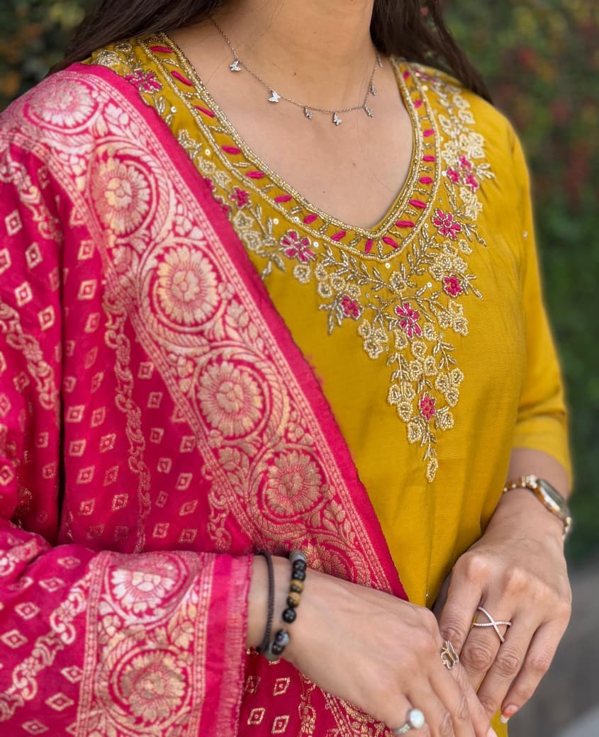 Vibrant Mustard Yellow Kurta Set With Hot Pink Banarasi Silk Dupatta