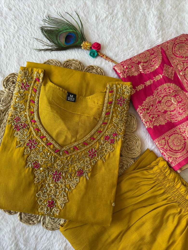 Vibrant Mustard Yellow Kurta Set With Hot Pink Banarasi Silk Dupatta - Image 5