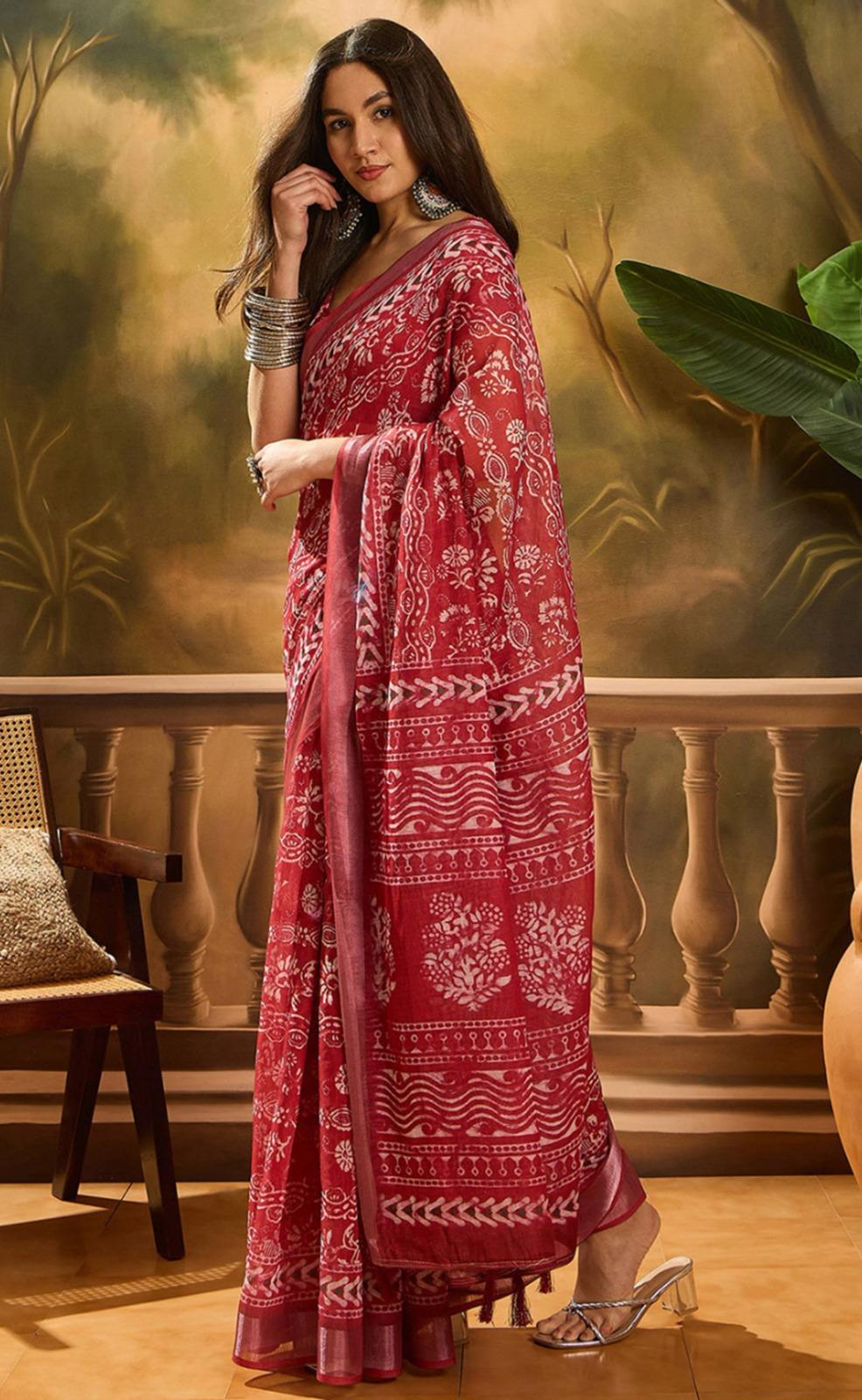 Traditional Dabu & Batik Style Printed Cotton Silk Saree In Maroon