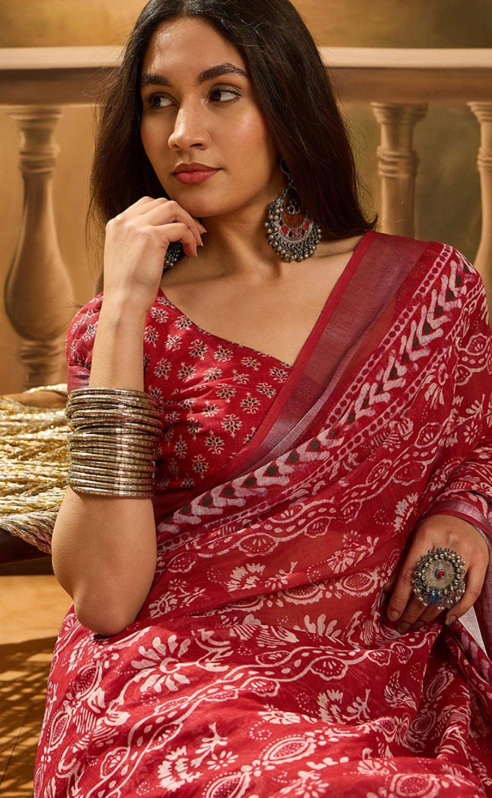 Traditional Dabu & Batik Style Printed Cotton Silk Saree In Maroon - Image 3