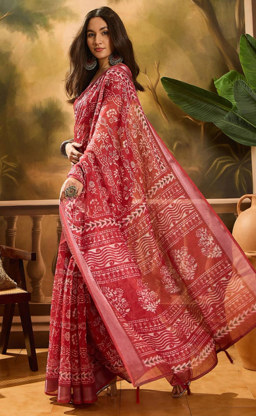 Traditional Dabu & Batik Style Printed Cotton Silk Saree In Maroon - Image 5