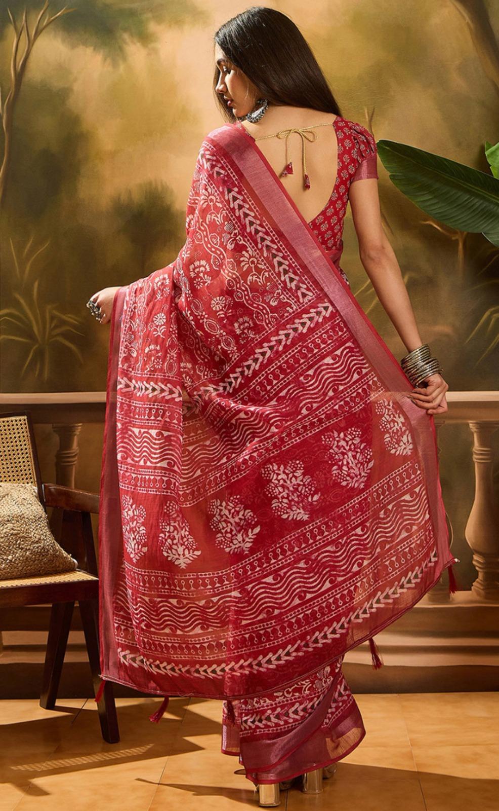 Traditional Dabu & Batik Style Printed Cotton Silk Saree In Maroon - Image 6