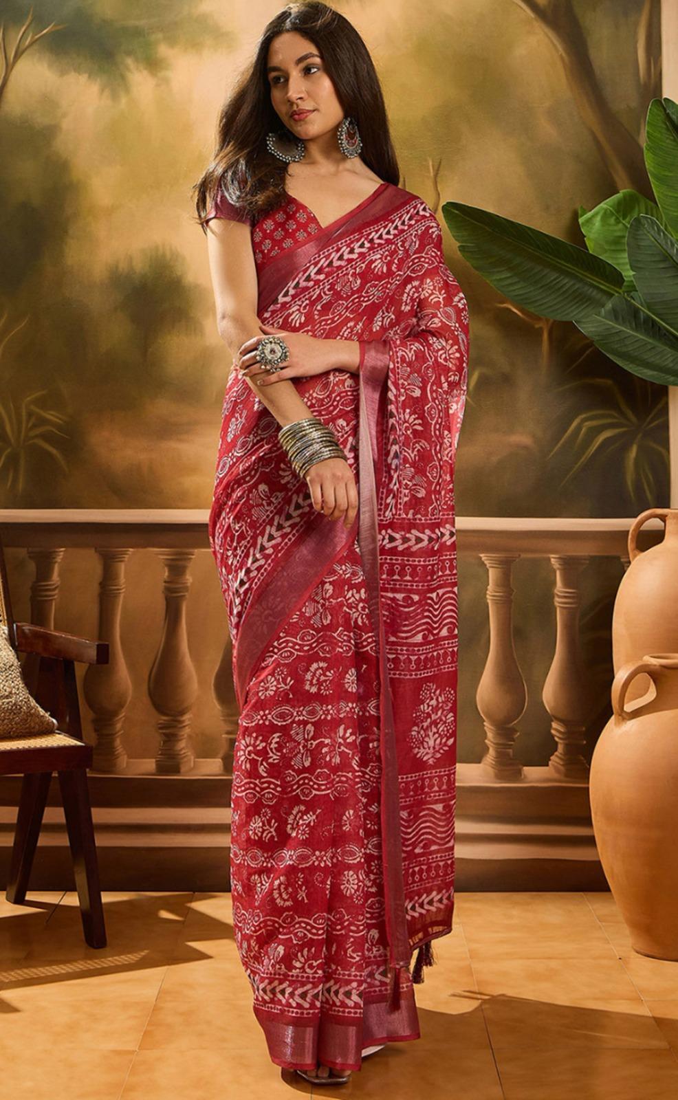 Traditional Dabu & Batik Style Printed Cotton Silk Saree In Maroon - Image 7
