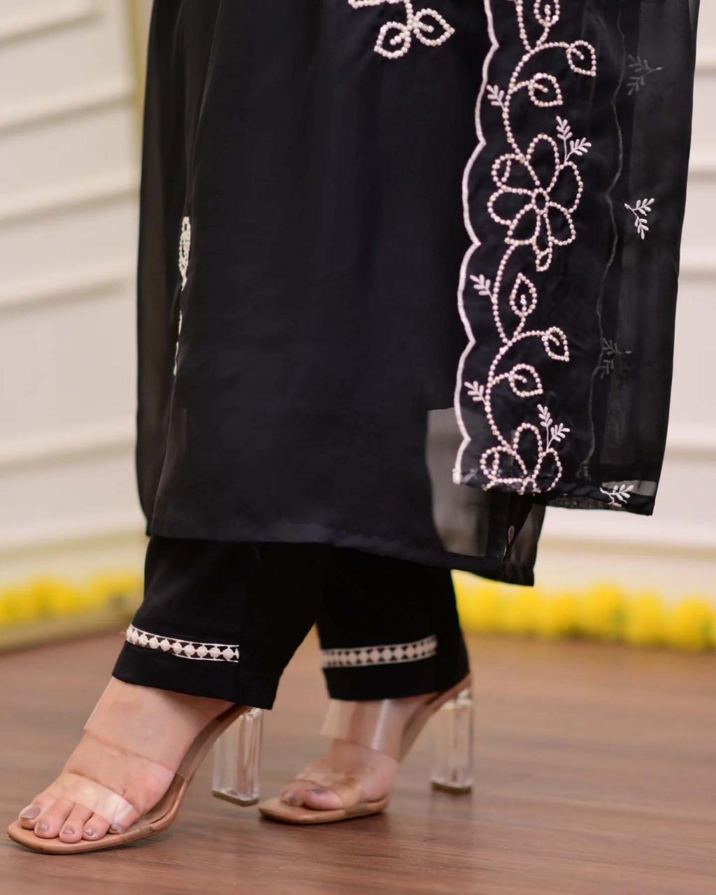 Chic Black Georgette Suit With Heavy White Thread Embroidery - Image 4