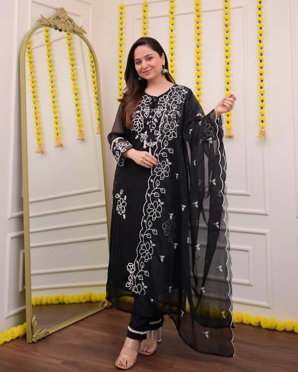 Chic Black Georgette Suit With Heavy White Thread Embroidery - Image 2