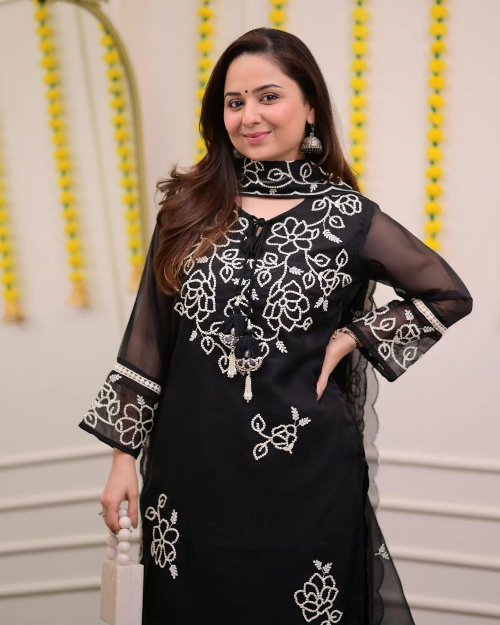 Chic Black Georgette Suit With Heavy White Thread Embroidery - Image 3