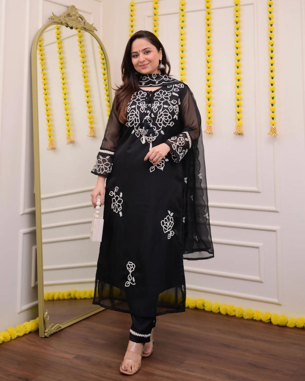 Chic Black Georgette Suit With Heavy White Thread Embroidery