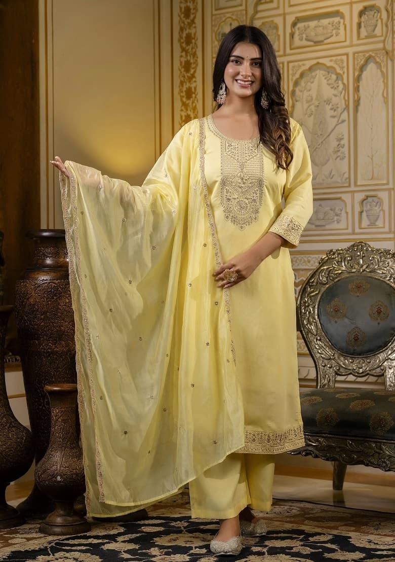 Light Lemon Yellow Silk Blend Kurta Set With Heavy Gold Zari Work - Image 3