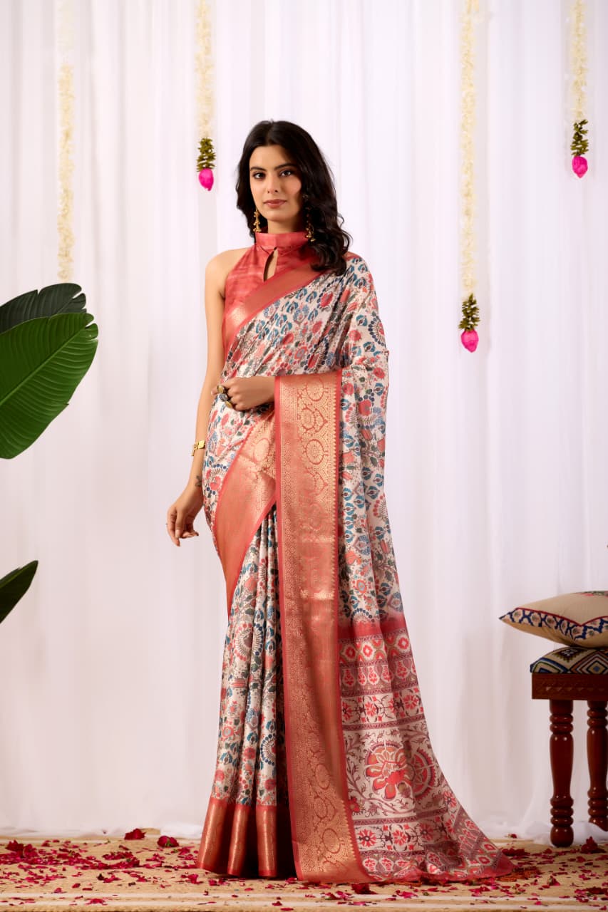 Floral Printed Silk Blend Saree With Rich Zari Border - Image 3