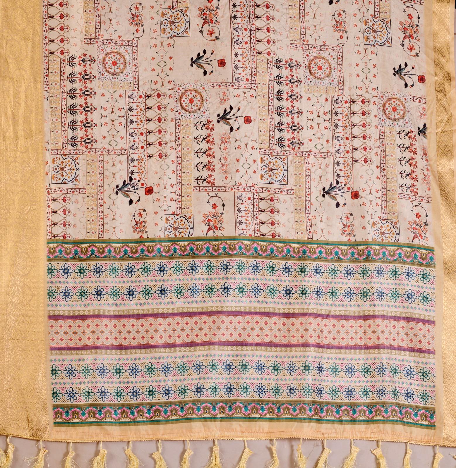 Cream Printed Saree With Weaving Banarasi Gold Zari Border - Image 3