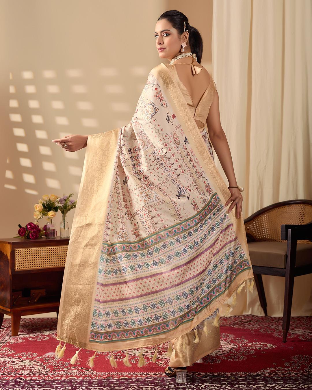 Cream Printed Saree With Weaving Banarasi Gold Zari Border - Image 4