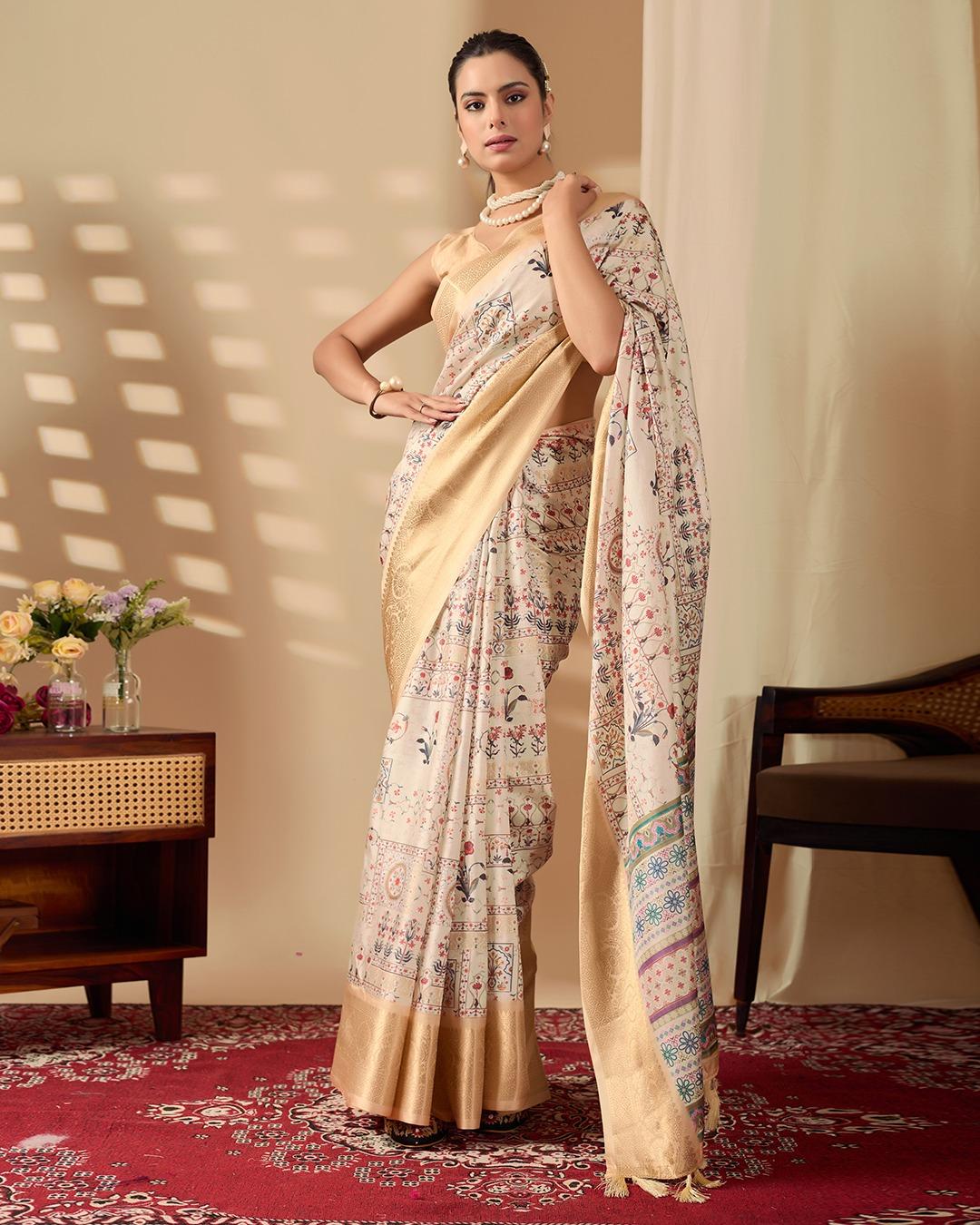 Cream Printed Saree With Weaving Banarasi Gold Zari Border - Image 5