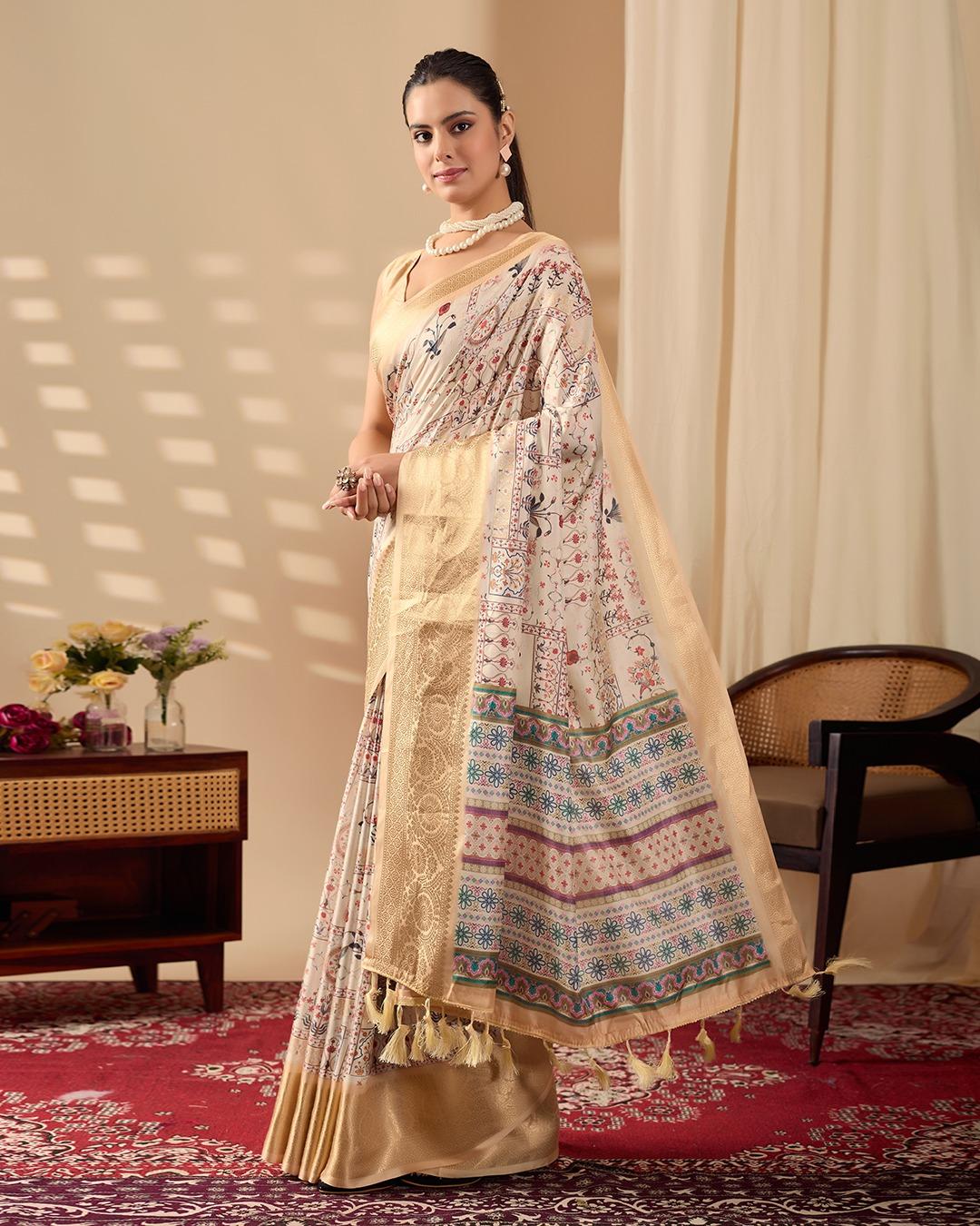 Cream Printed Saree With Weaving Banarasi Gold Zari Border - Image 6
