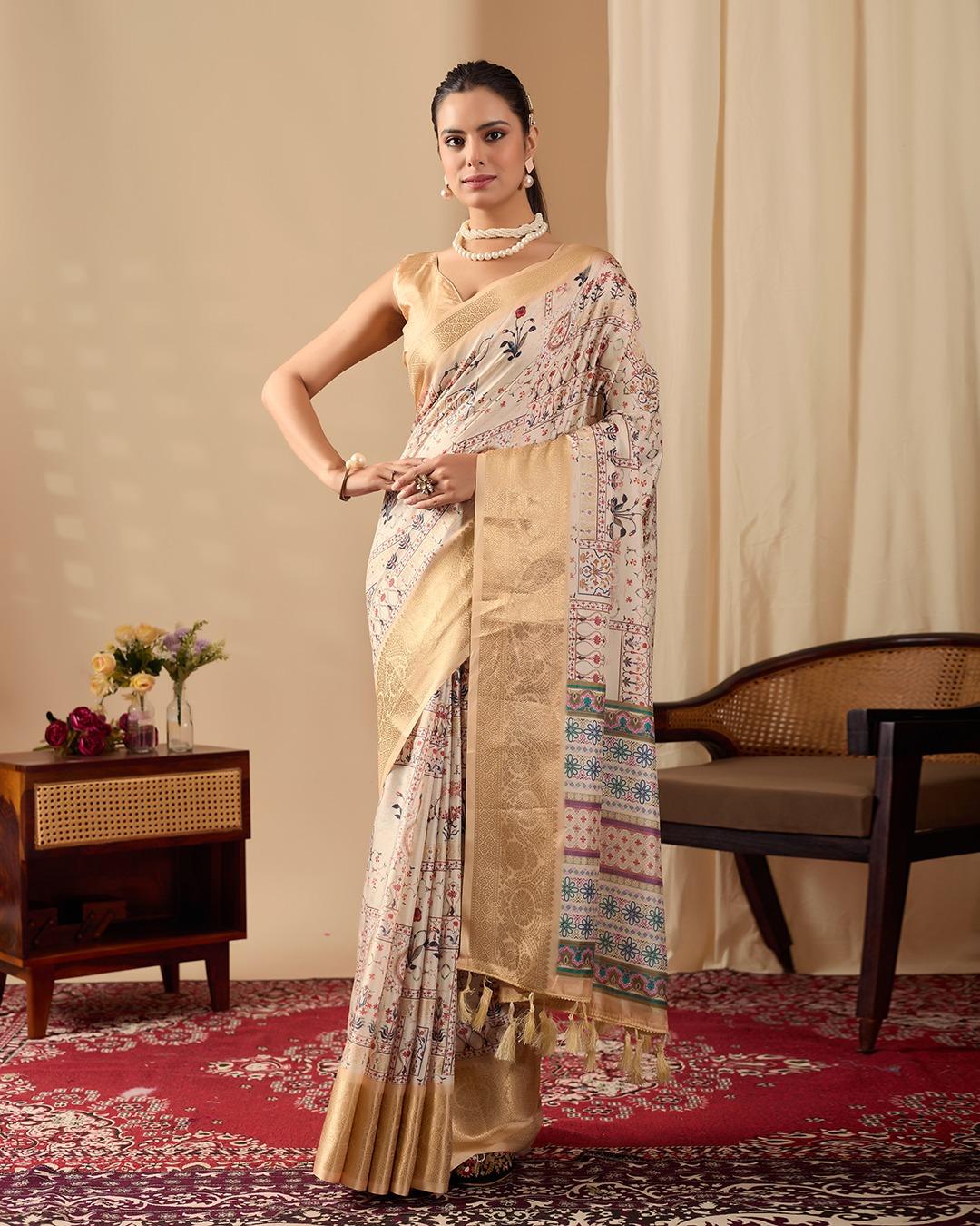 Cream Printed Saree With Weaving Banarasi Gold Zari Border - Image 7