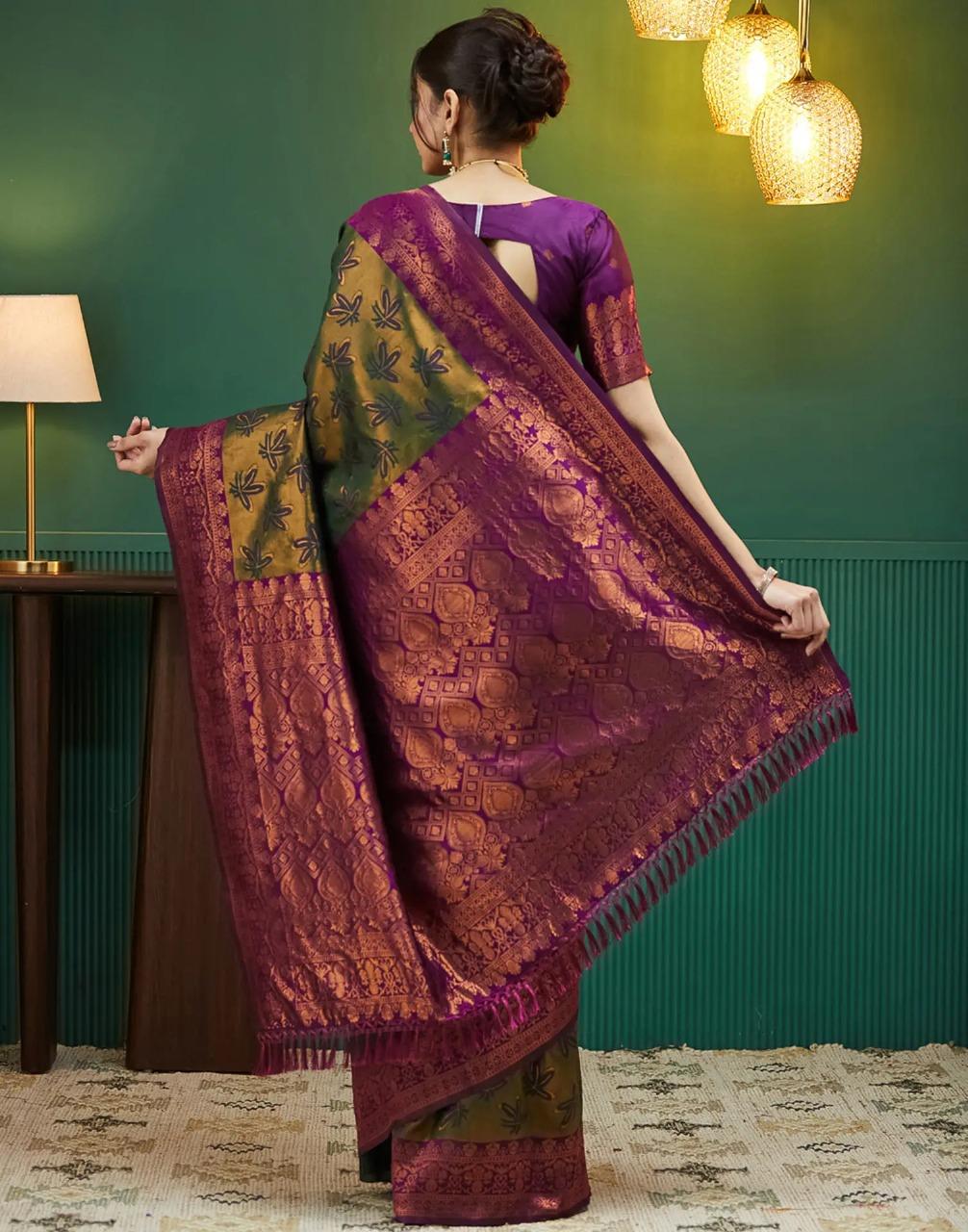 Regal Olive Green & Purple Blended Silk Saree With Heavy Gold Zari Weave - Image 2