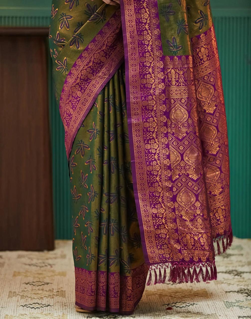 Regal Olive Green & Purple Blended Silk Saree With Heavy Gold Zari Weave - Image 3