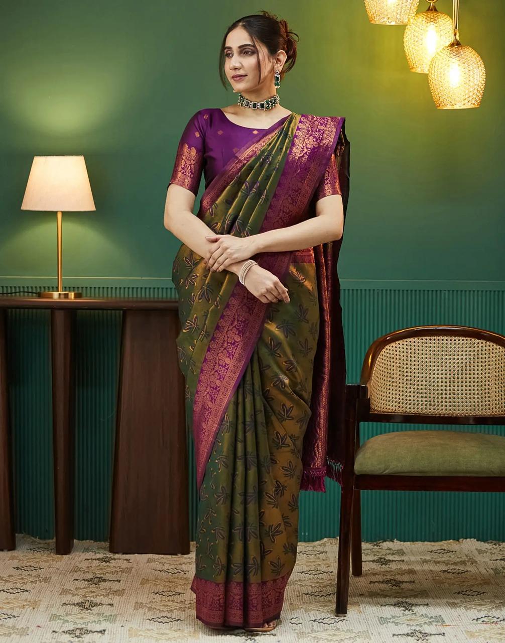 Regal Olive Green & Purple Blended Silk Saree With Heavy Gold Zari Weave - Image 5