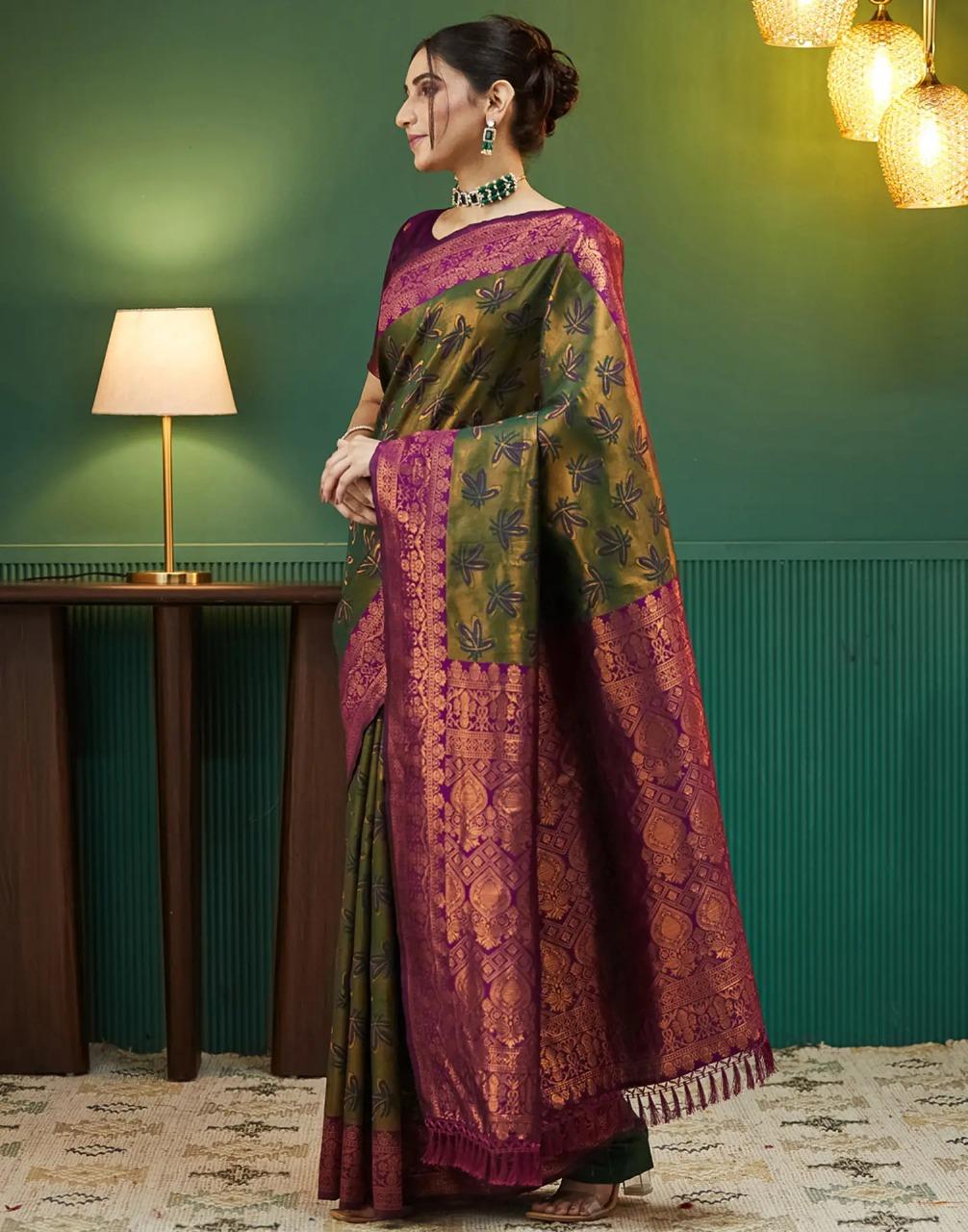 Regal Olive Green & Purple Blended Silk Saree With Heavy Gold Zari Weave - Image 6