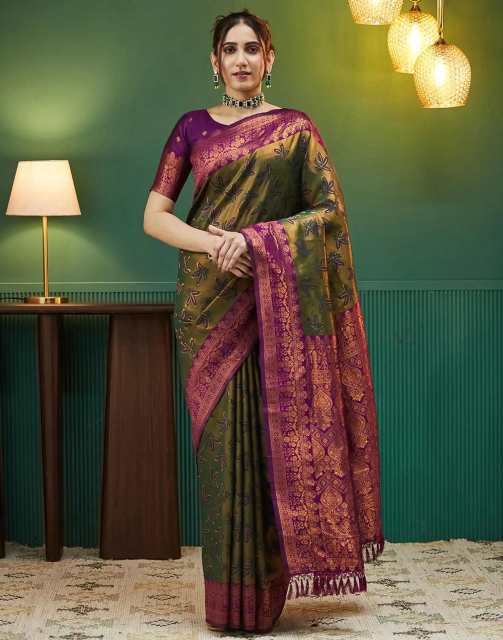 Regal Olive Green & Purple Blended Silk Saree With Heavy Gold Zari Weave