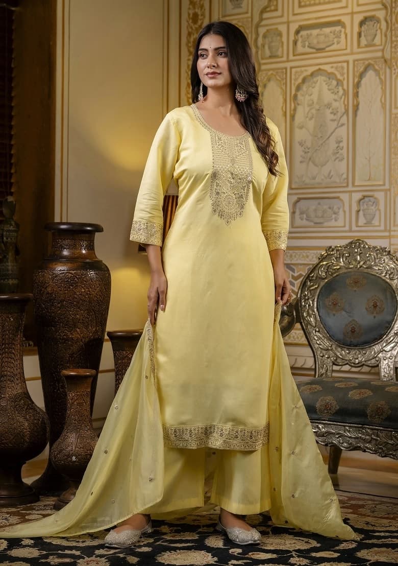 Light Lemon Yellow Silk Blend Kurta Set With Heavy Gold Zari Work
