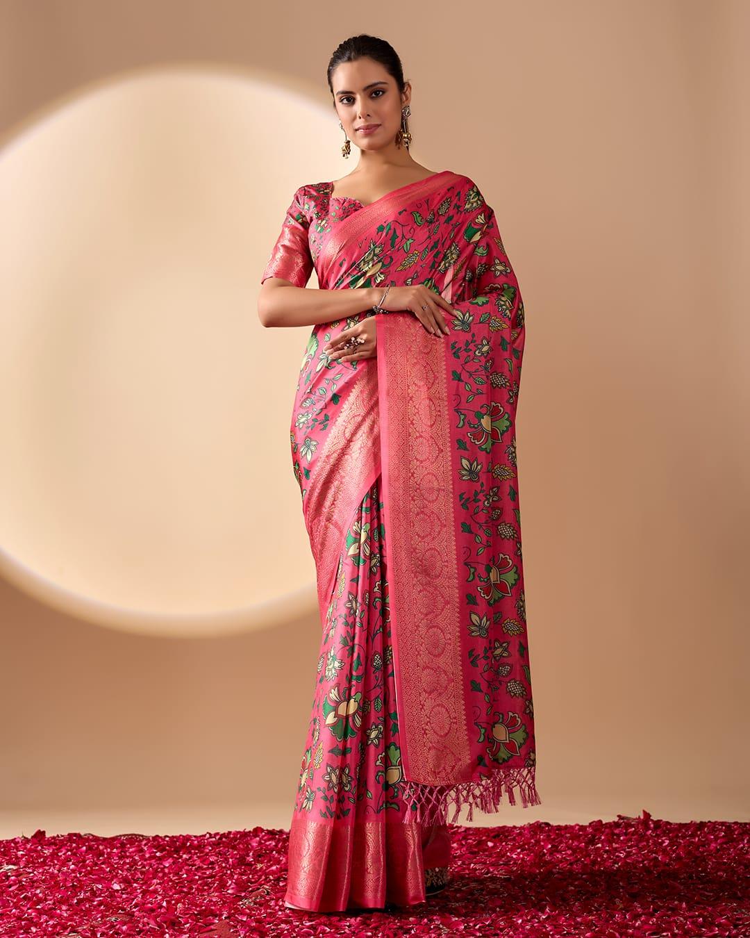 Floral Printed Silk Blend Saree With Rich Zari Border - Image 4