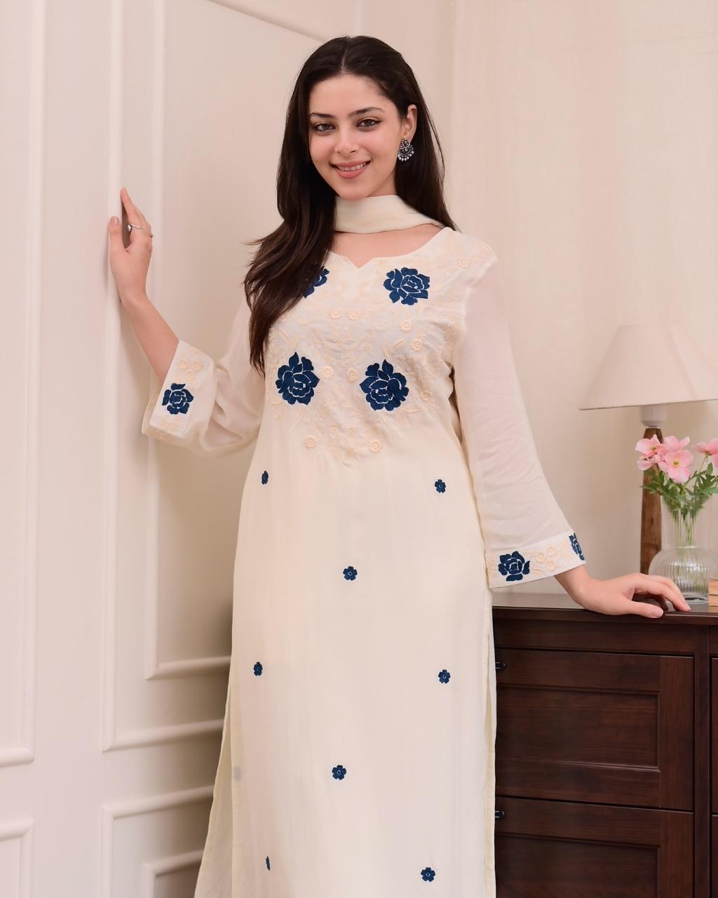 Elegant Ivory Kurta Set With Contrast Navy Blue Floral Embroidery