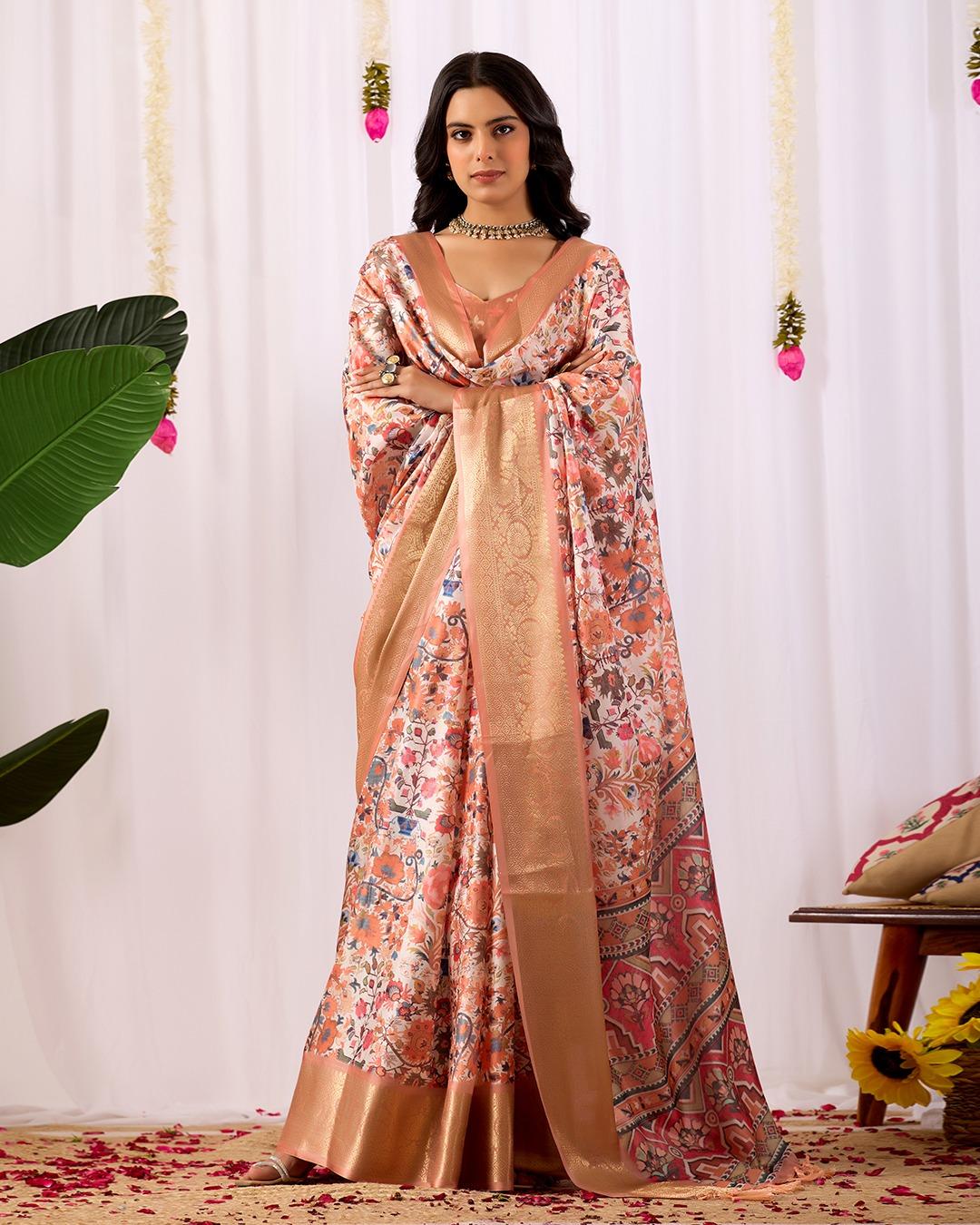 Floral Printed Silk Blend Saree With Rich Zari Border - Image 5