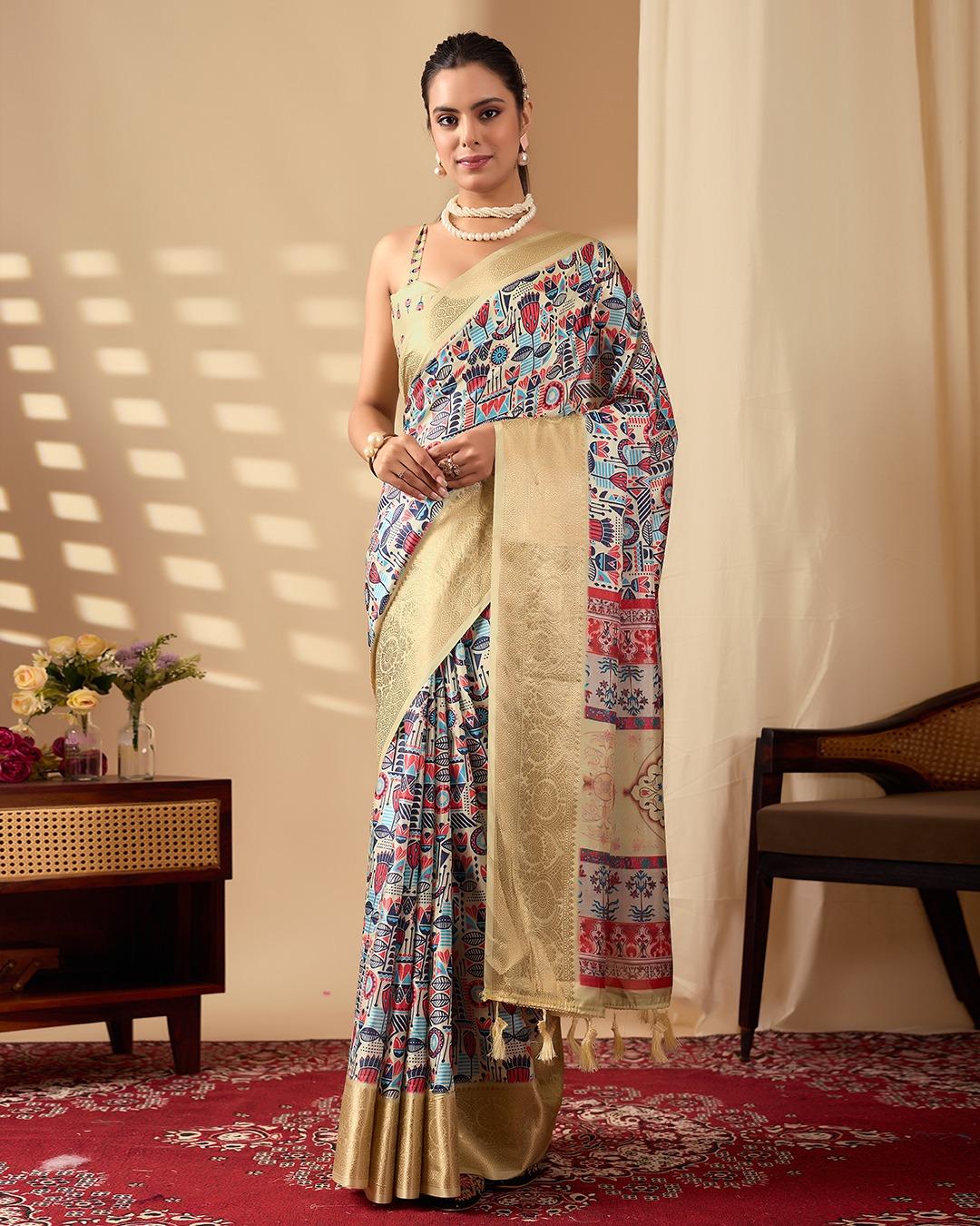 Floral Printed Silk Blend Saree With Rich Zari Border - Image 6
