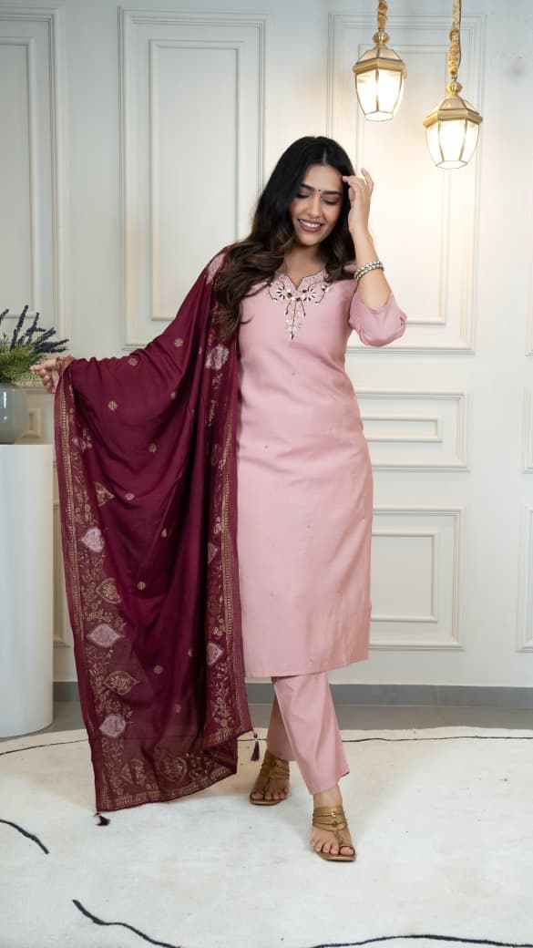 Blush Pink Embroidered Kurta Set With Luxurious Wine Banarasi Dupatta - Image 5