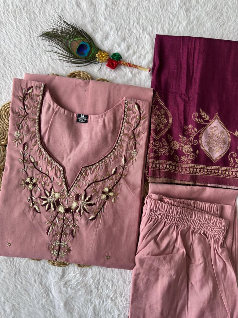 Blush Pink Embroidered Kurta Set With Luxurious Wine Banarasi Dupatta - Image 2