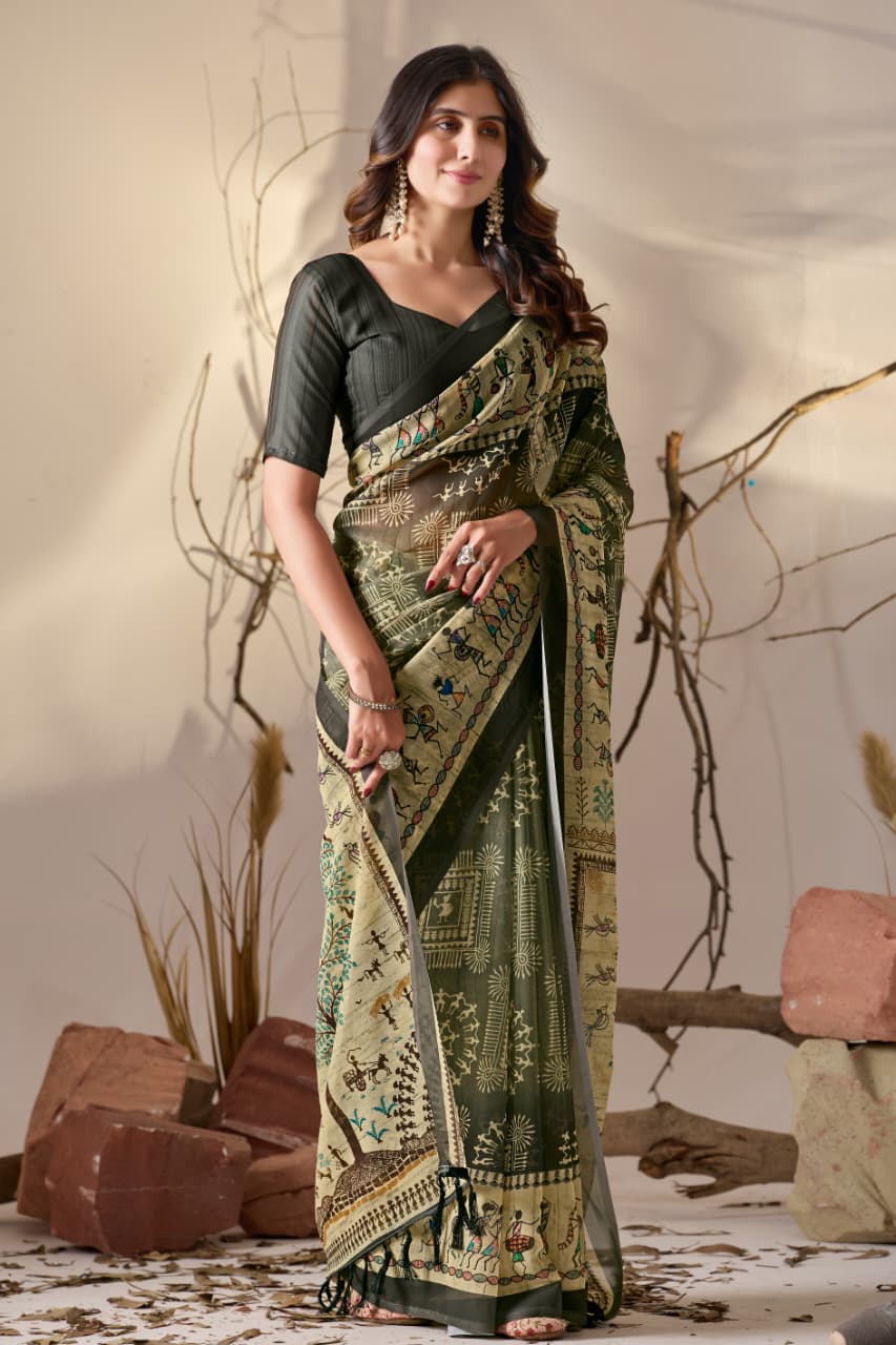Green Tussar Silk Saree With Warli Art Print & Contrast Border - Image 2