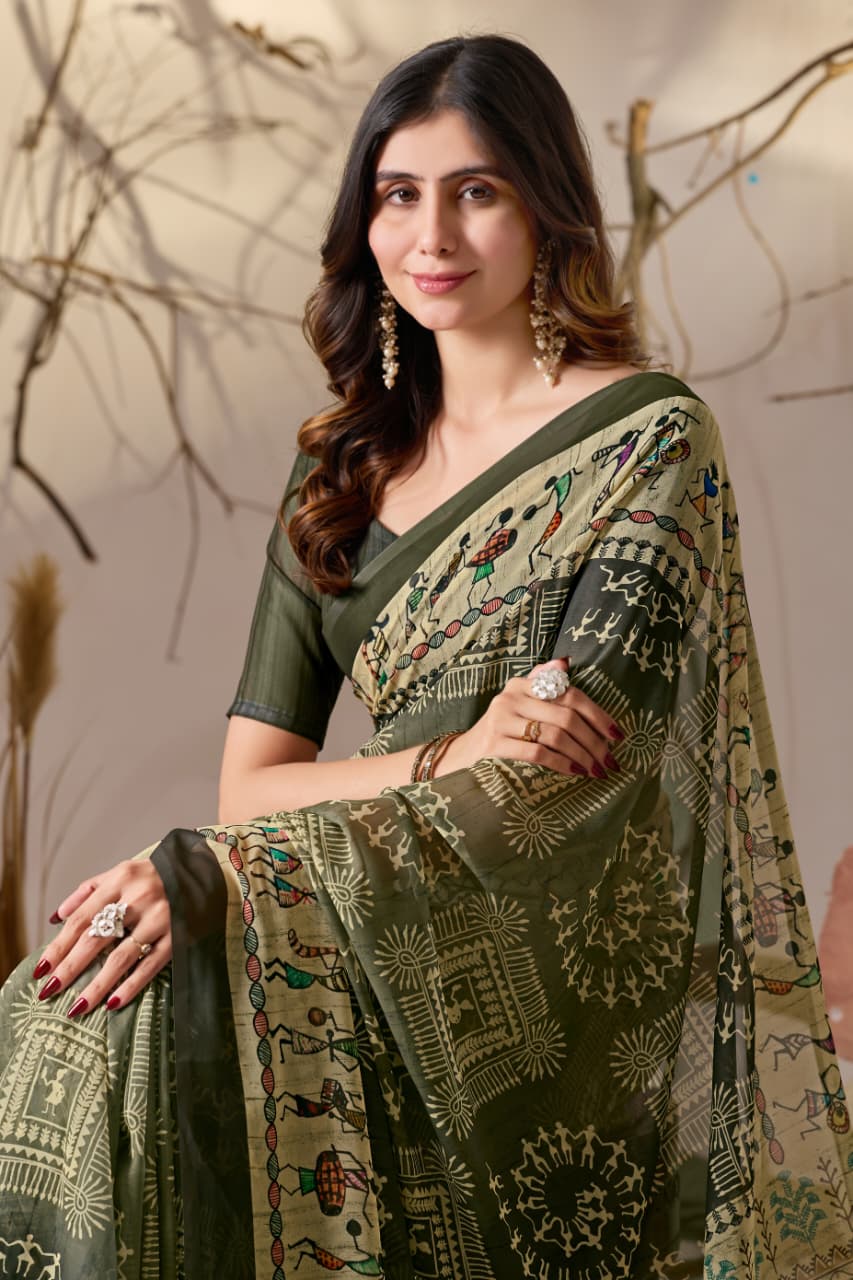 Green Tussar Silk Saree With Warli Art Print & Contrast Border - Image 3