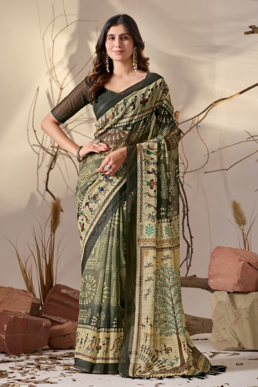 Green Tussar Silk Saree With Warli Art Print & Contrast Border - Image 4