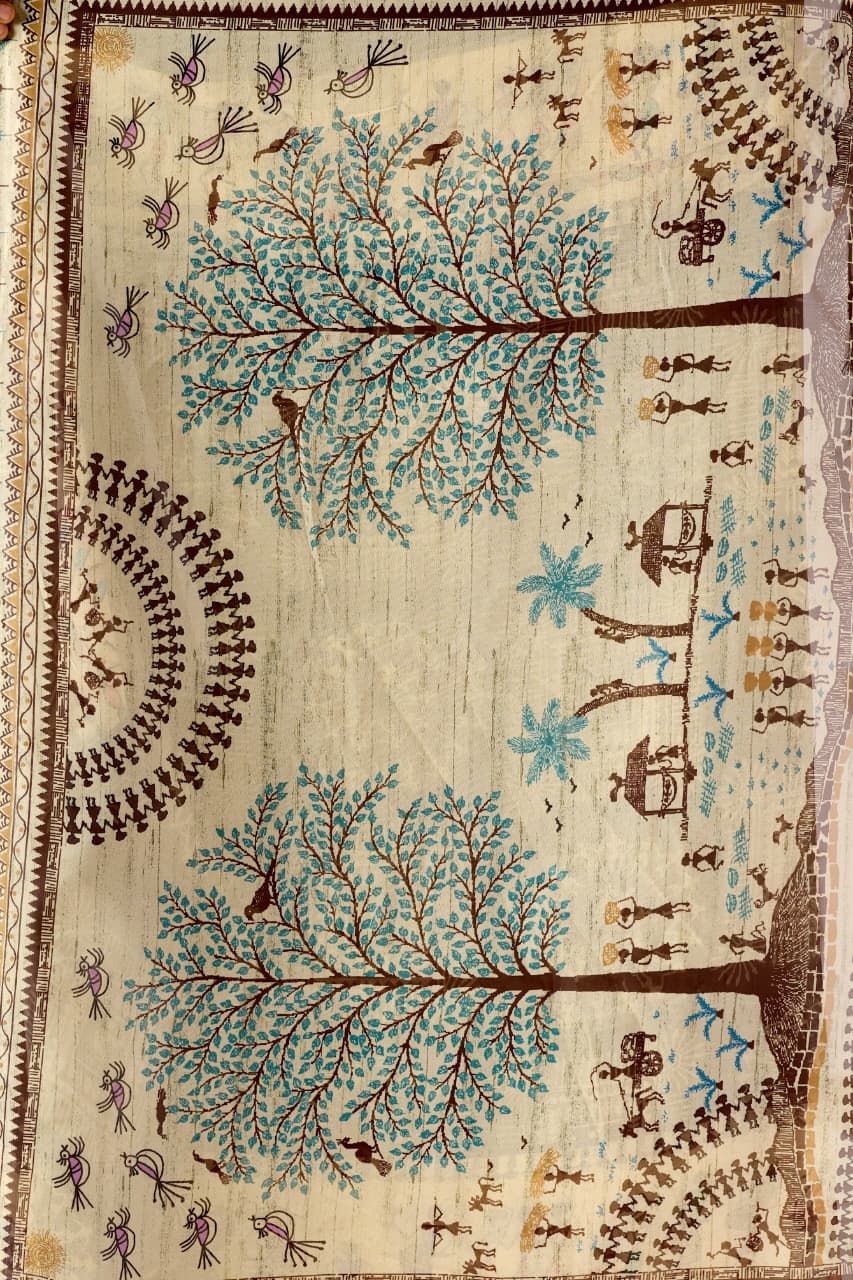 Green Tussar Silk Saree With Warli Art Print & Contrast Border - Image 6