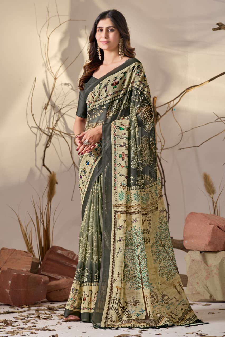 Green Tussar Silk Saree With Warli Art Print & Contrast Border - Image 7
